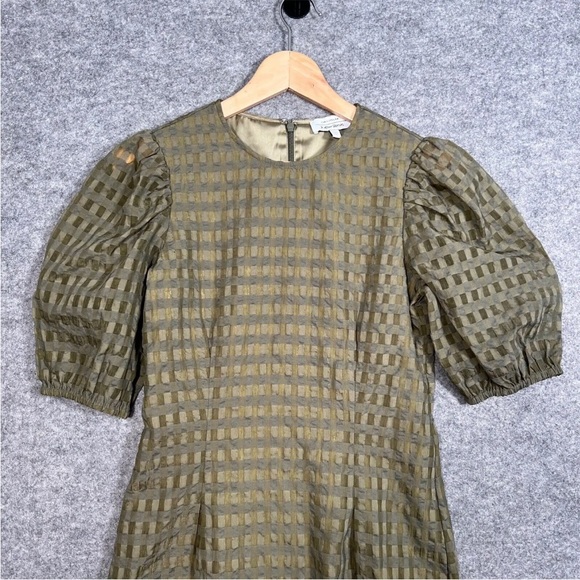 & OTHER STORIES Dress Size Small Womens Green Check Short Puff Sleeve A Line - Picture 2 of 13